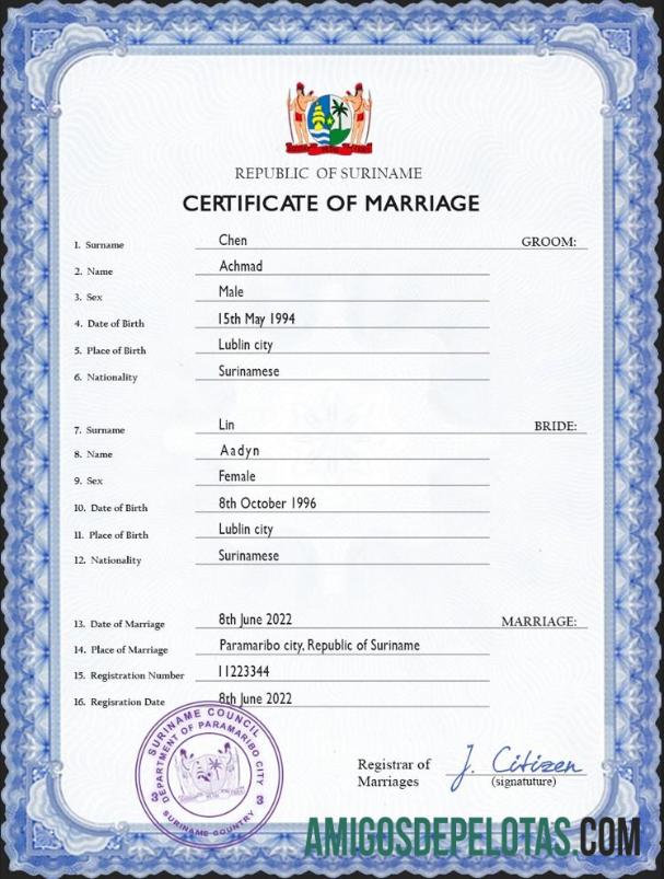 Imprimível modelo PSD de certidão de casamento do Suriname
